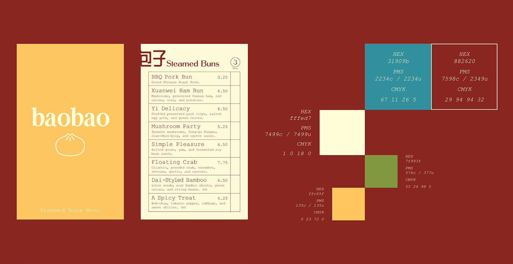 A flat menu example for a steamed buns menu. Colour hexes.