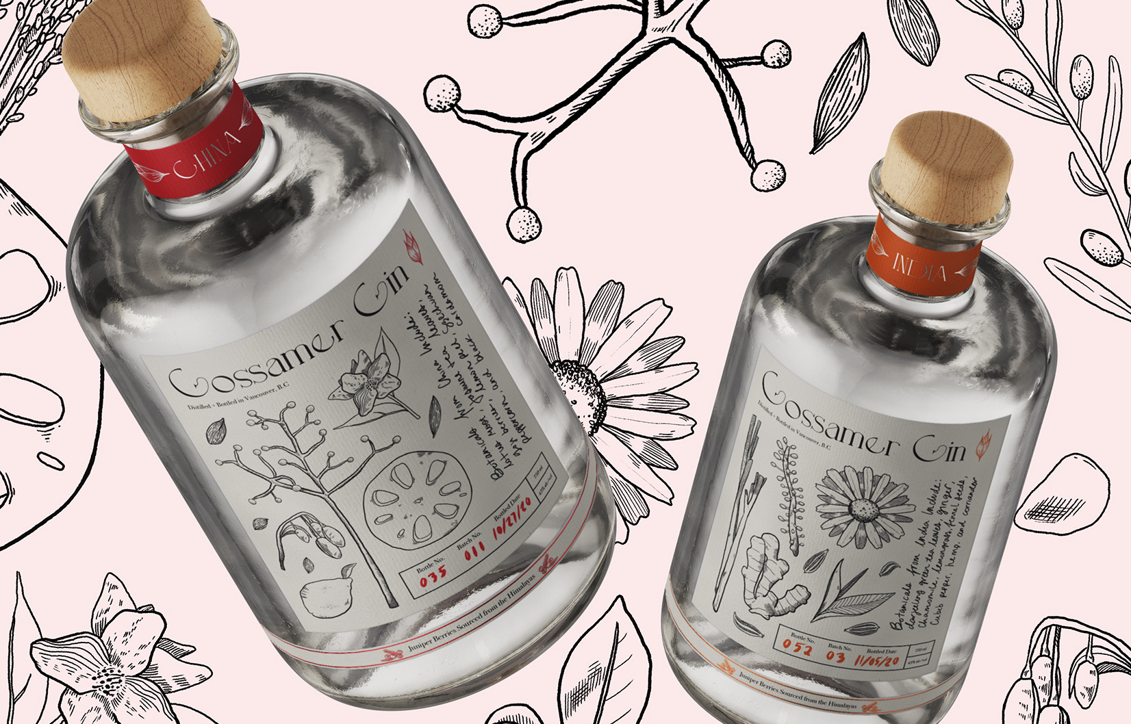 Two elegant gin bottles floating with beautiful botanical illustration on and surrounding them.