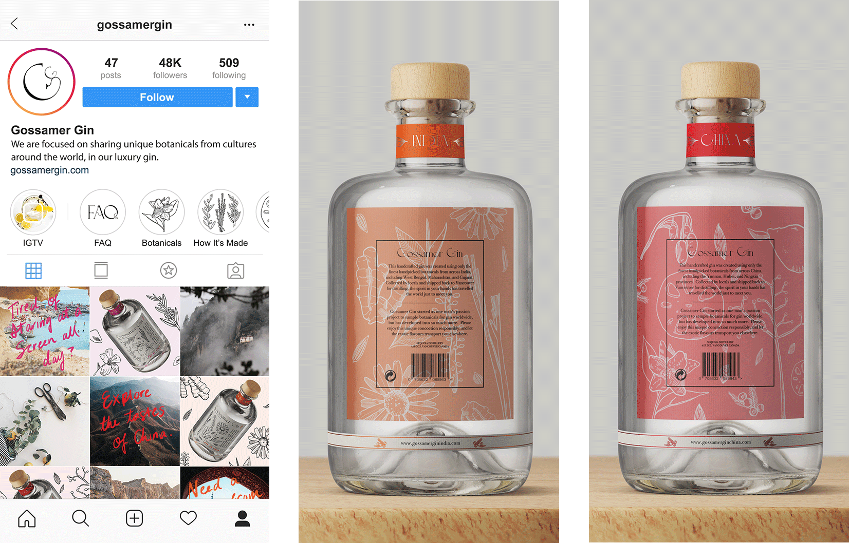 Gossamer Gin instagram page, beside two more images of the back of their gin bottles.