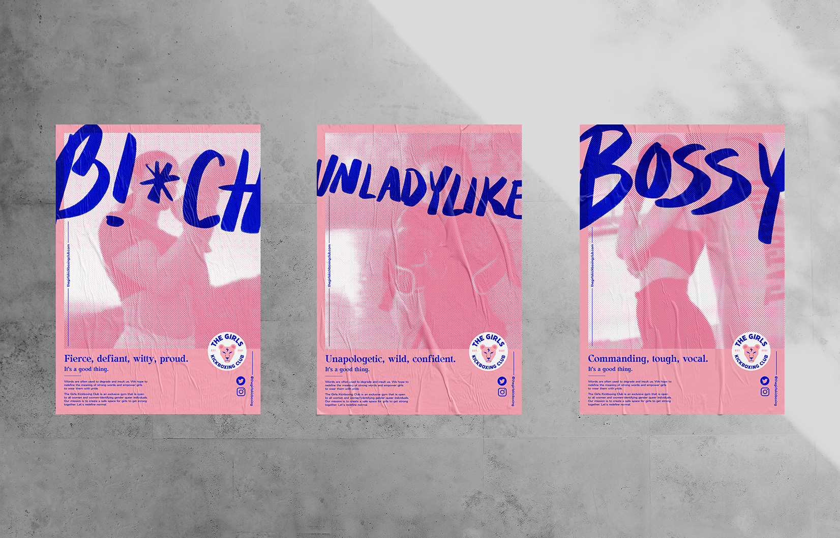 Three pink posters with bold handwritten text overlayed on top of the faces of women doing kickboxing.