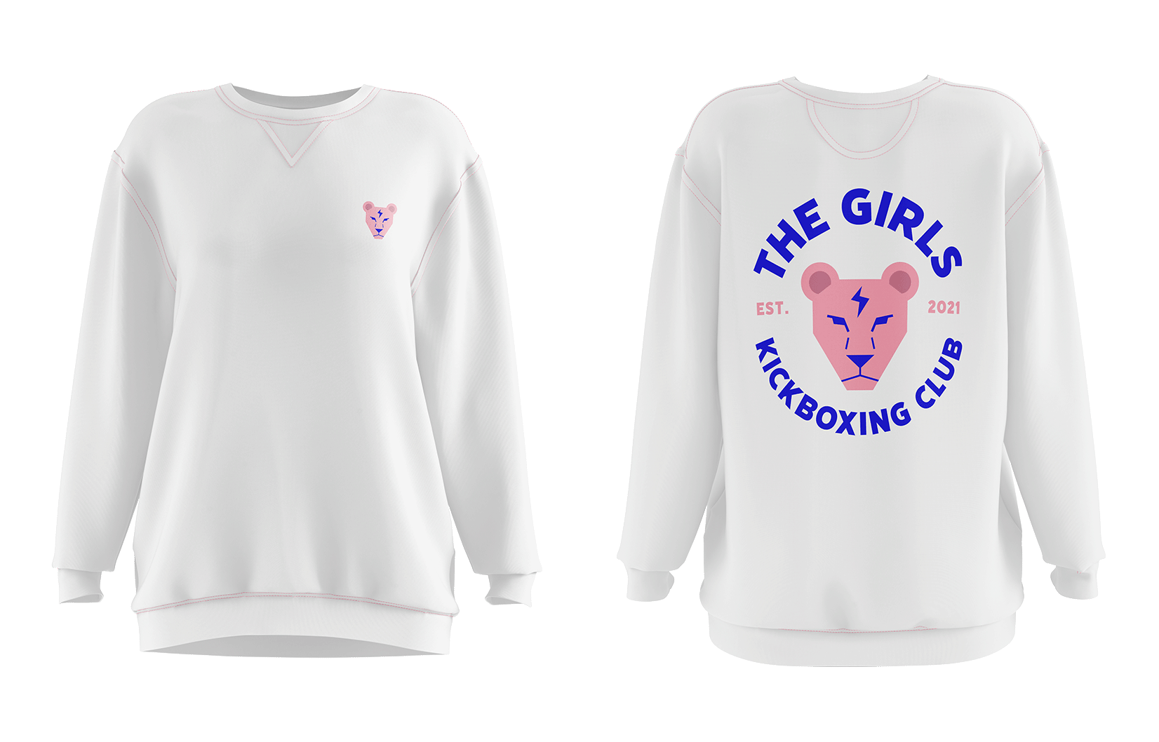 Front and back of a white hoodie with branding from The Girls Kickboxing Club.